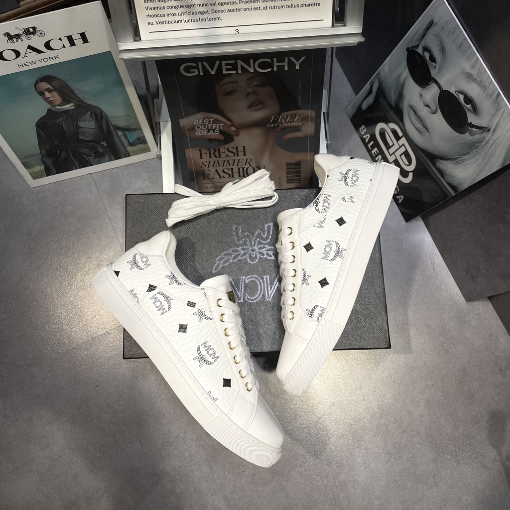 Giày Thời Trang Nam Nữ MCM Low Top Classic Sneakers in Visetos 'White' Hàng Cao Cấp, Giày MCM trắng