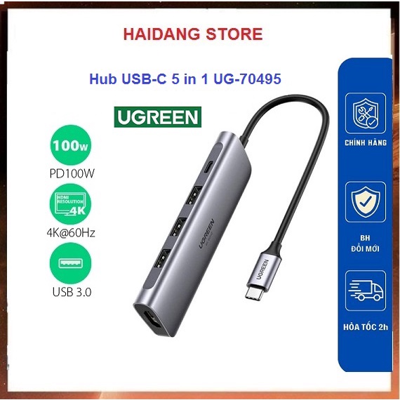 Cáp chuyển Type C 5 in 1 to HDMI, USB 3.0, PD USB C Ugreen 70495 Hàng chính hãng Bảo hành 12 tháng