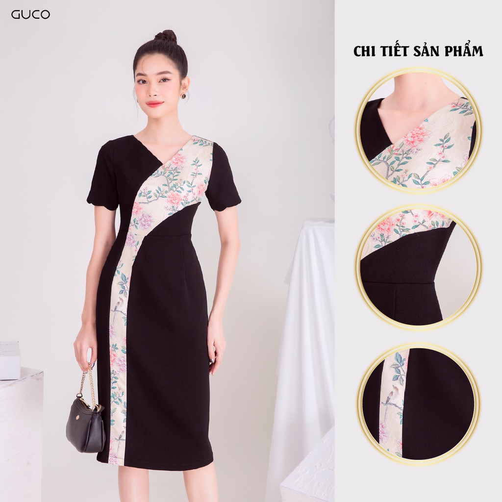 Đầm dáng suông cổ tròn phối hoa 3934 GUCO Đen