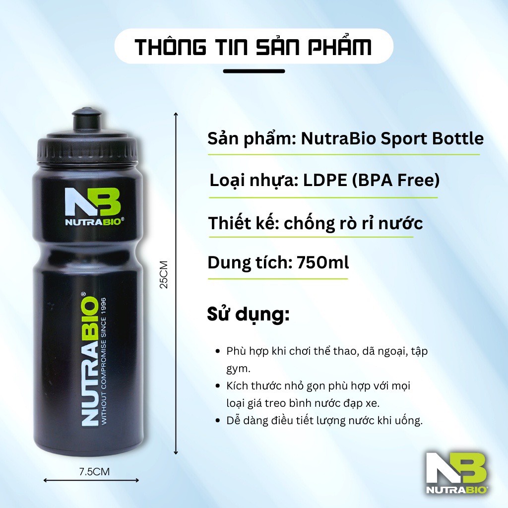Bình Nước Đạp Xe NutraBio Dung Tích 750ml, Thiết Kế Dễ Sử Dụng, Tiện Lợi Hơn Khi Đạp Xe, Đá Bóng, Khi Chơi Thể Thao