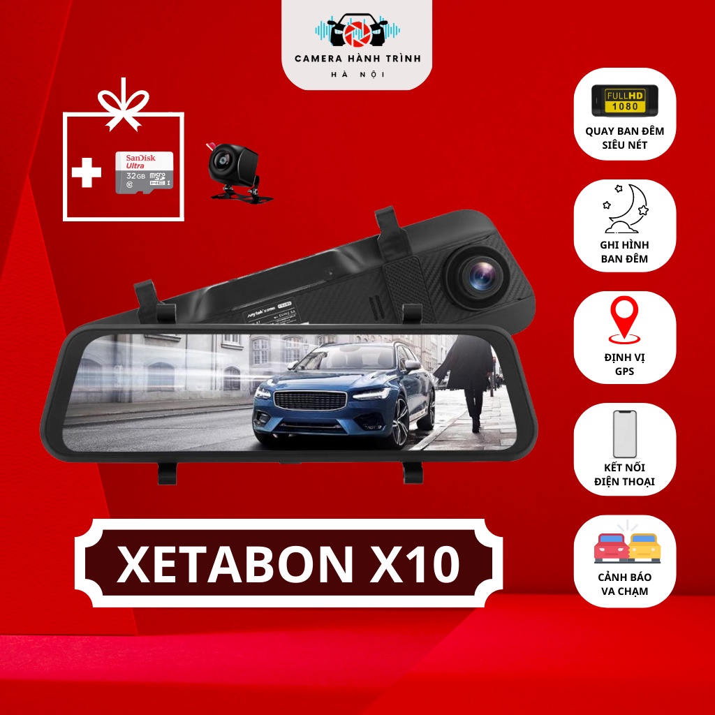 Camera hành trình ô tô X10 Full HD 1080p có kết nối điện thoại, gương chiếu hậu trước và sau, quay đêm sắc nét - XETABON | BigBuy360 - bigbuy360.vn
