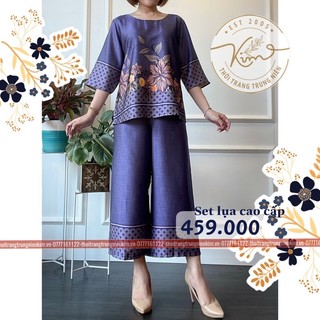 Sét bộ lụa trung niên cao cấp hoa văn hoạ tiết sang trọng Bigsize quần dài 85cm