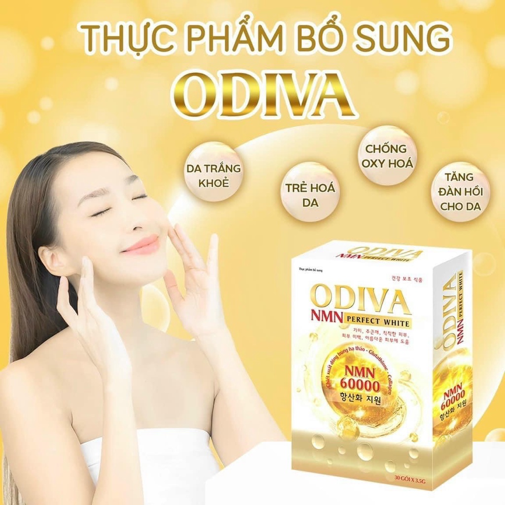 Cốm collagen ODIVA NMN perfect white giúp trắng sáng da, duy trì độ ẩm, tăng độ đàn hổi, giảm nám sạm da - Hộp 30 gói