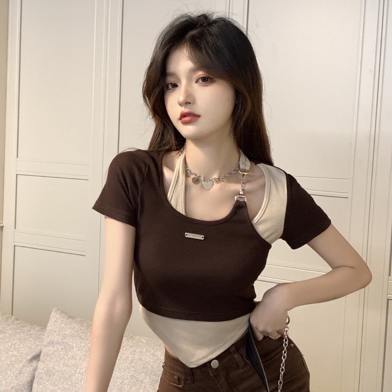 Áo nữ tay ngắn kiểu Croptop phối màu cổ choàng mới lạ A43