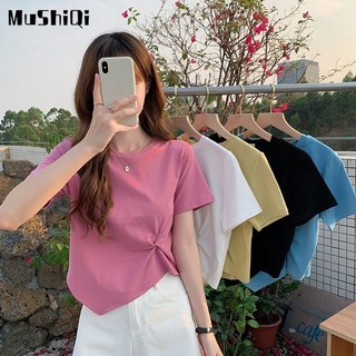 Áo thun MUSHIQI dáng lửng bất đối xứng tay ngắn thời trang xinh xắn dành cho nữ