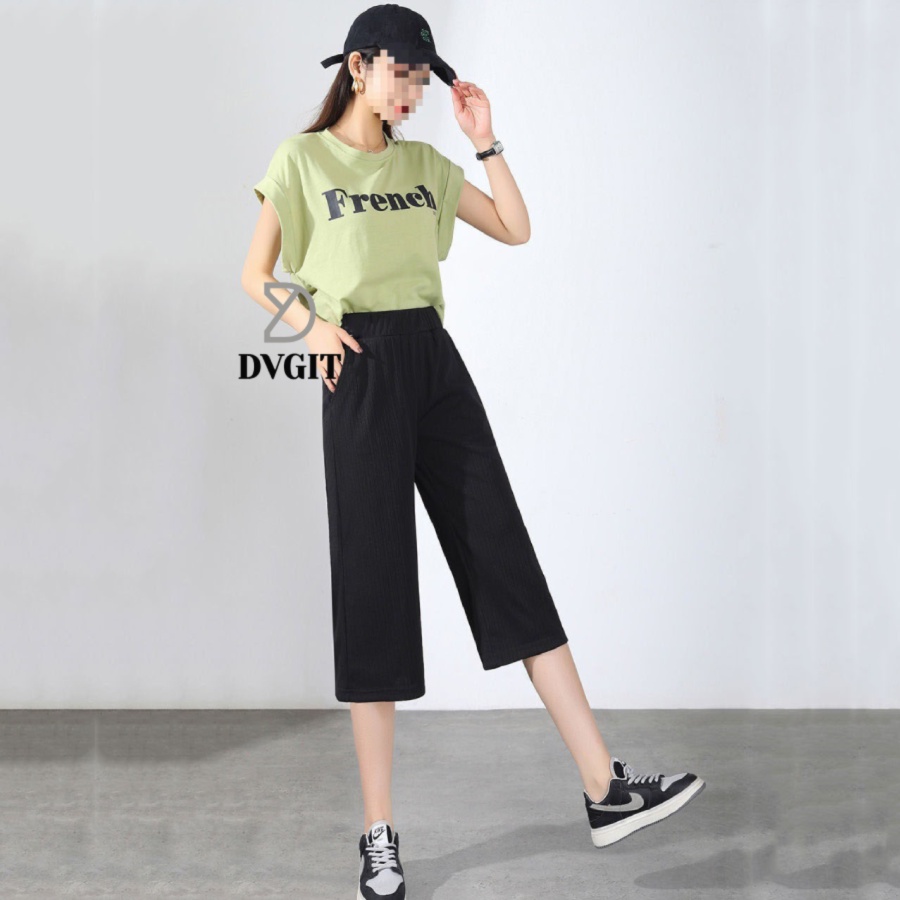 Quần Nữ Lửng DVGIT Chất Liệu Tăm Gân Màu Đen Thiết Kế Kiểu Lửng Form Dáng Quần Ống Rộng Cạp Chun Co Giãn, Cạp Cao Trên R | BigBuy360 - bigbuy360.vn