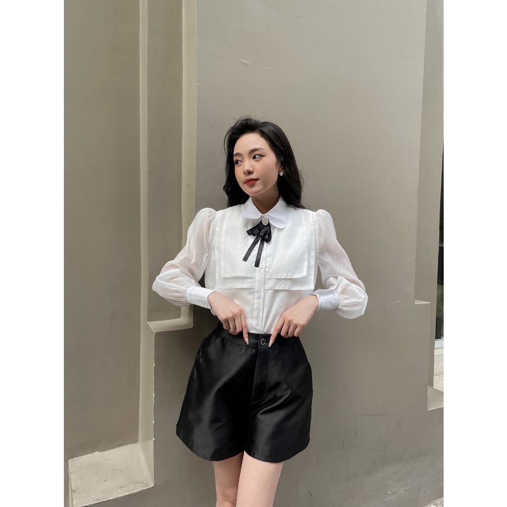 Daphneé - Áo sơ mi vải tơ mềm tạo hình yếm vuông đính nơ đá lấp lánh - Amanda top