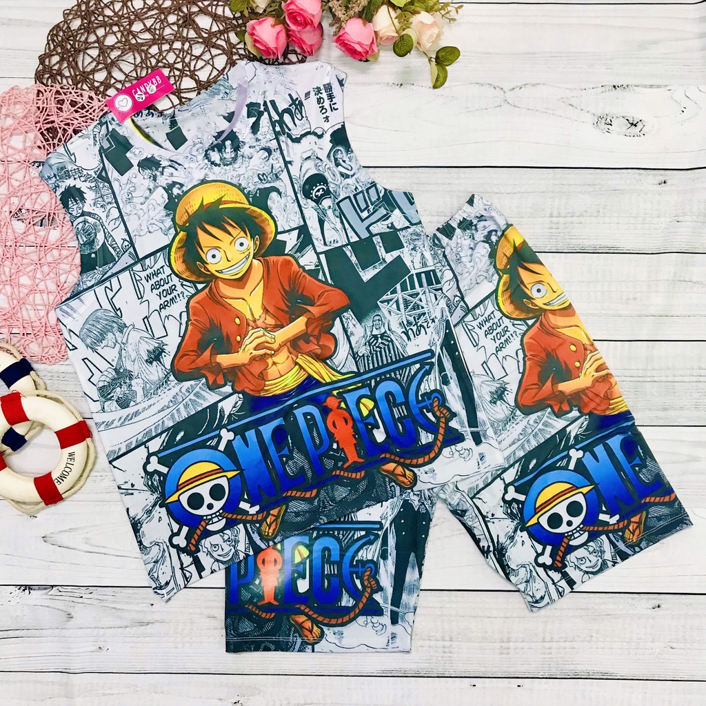 Đồ bộ ba lỗ, bộ sát nách thun lạnh in hình Luffy One Piece nhiều màu size đại 10kg- 60kg