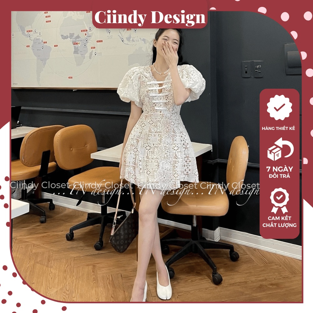 Váy ren nữ họa tiết nổi bật cổ tròn tay bồng Hàng Hiệu Cinndy CD03 Set váy nữ mặc đi chơi dự tiệc sang trọng hiện đại