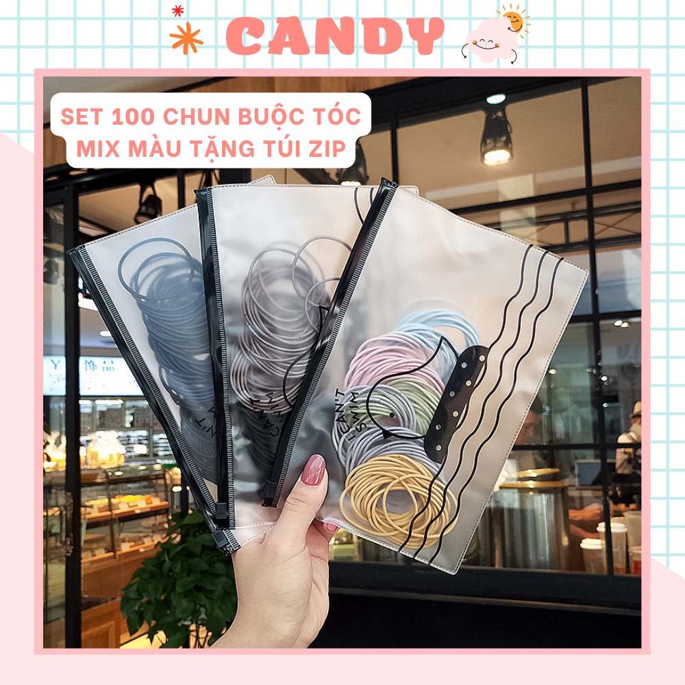 Chun Buộc Tóc, Set 100 Dây Chun Buộc Tóc Trơn Mix Màu Tặng Kèm Túi Zip