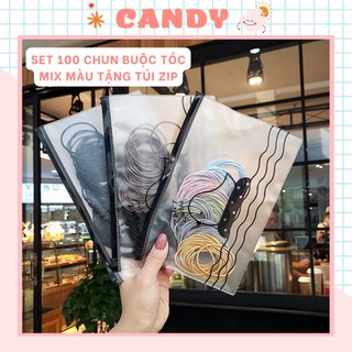 Chun buộc tóc, set 100 dây chun buộc tóc trơn mix màu tặng kèm túi zip