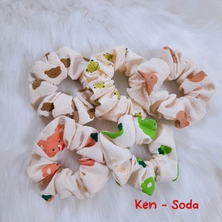Dây cột tóc Scrunchies vải đũi họa tiết thú dễ thương