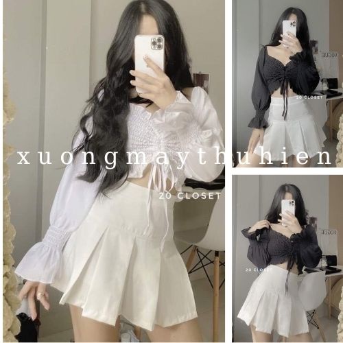 Set chân váy xếp ly dáng ngắn kèm áo croptop dài tay rúm ngực có dây rút hàn quốc xuongmaythuhien