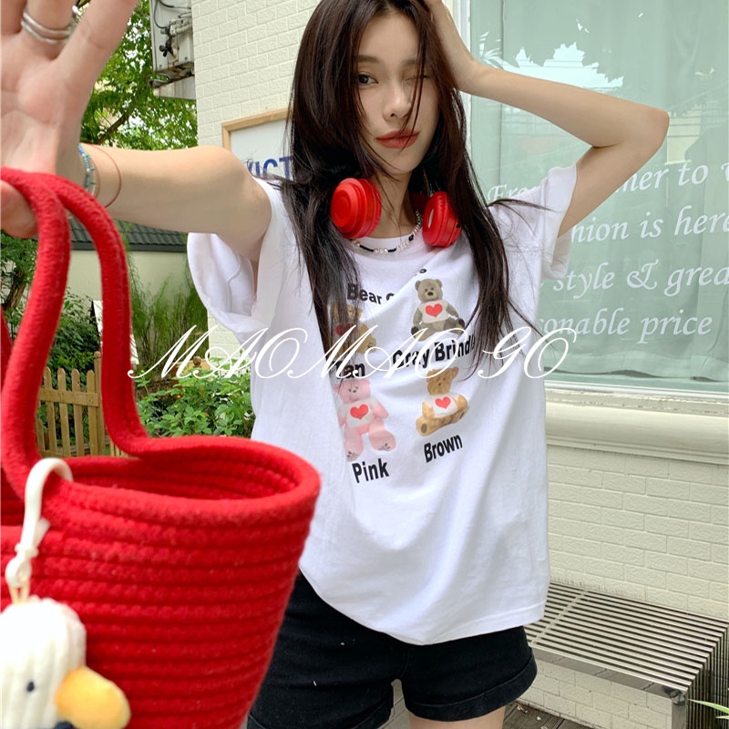 MAOMAO GO Áo Thun cotton Cổ Tròn Tay Ngắn Dáng Rộng In Chữ Và Hoạt Hình Thời Trang Cho Nữ
