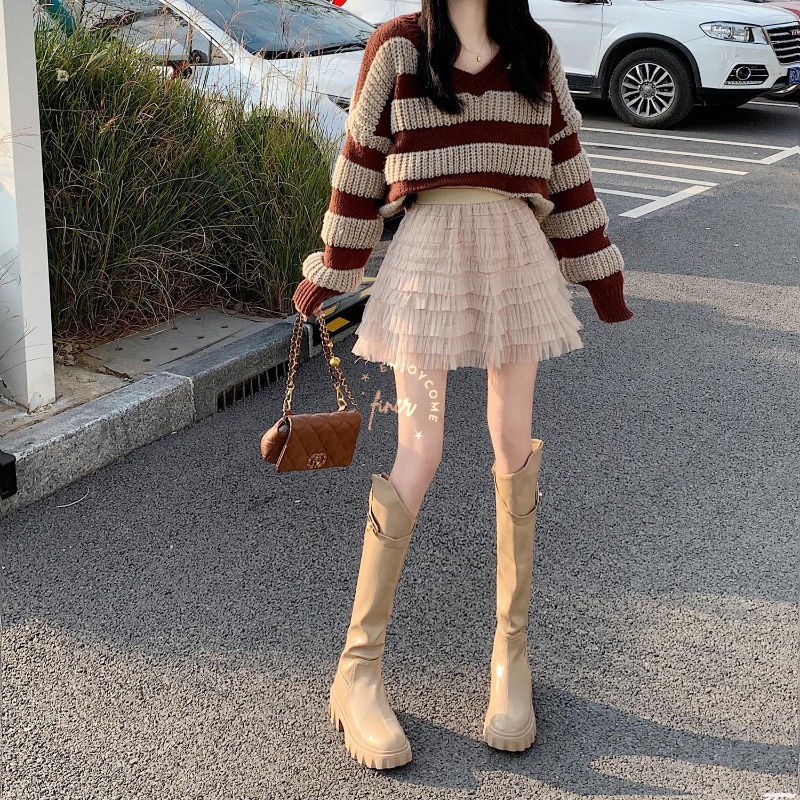 Chân váy nhung ngắn lưng cao dáng chữ a màu vàng đen thời trang thu đông cho nữ