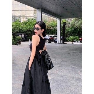 Đầm xòe cột nơ sau lưng đầm midi đen ôm đầm hở lưng