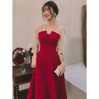 Đầm váy nữ dự tiệc đầm nữ dáng dài ngực xếp ly cách điệu tay lỡ phối lưới dễ thương xinh xắn YADO T138