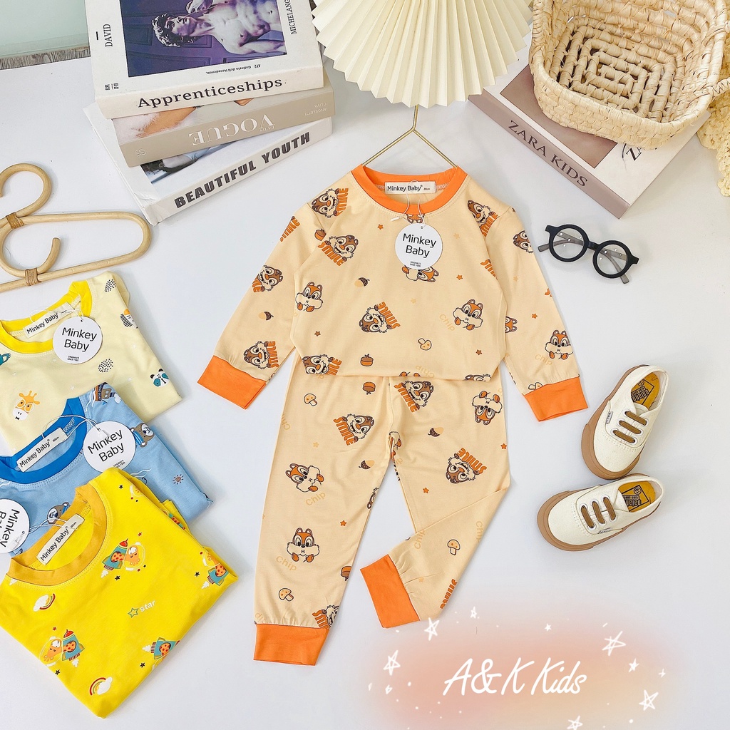 Bộ dài tay in họa tiết phối viền,thun lạnh minky mịn mát cho bé trai, gái size 6-30kg M.59