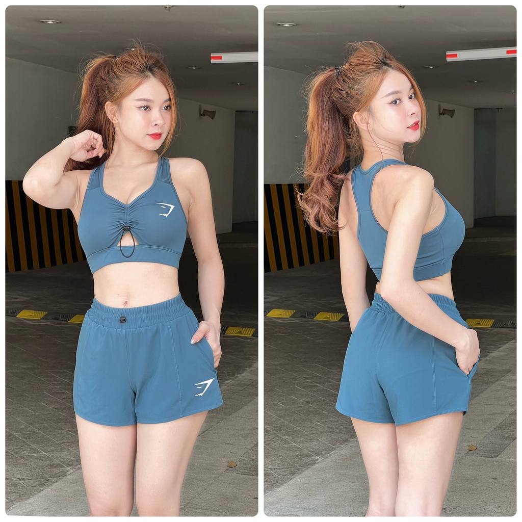 Bộ Tập Gym Nữ Ngắn, Quần 2 Lớp, Aó Bra Cá Mập Rút Dây