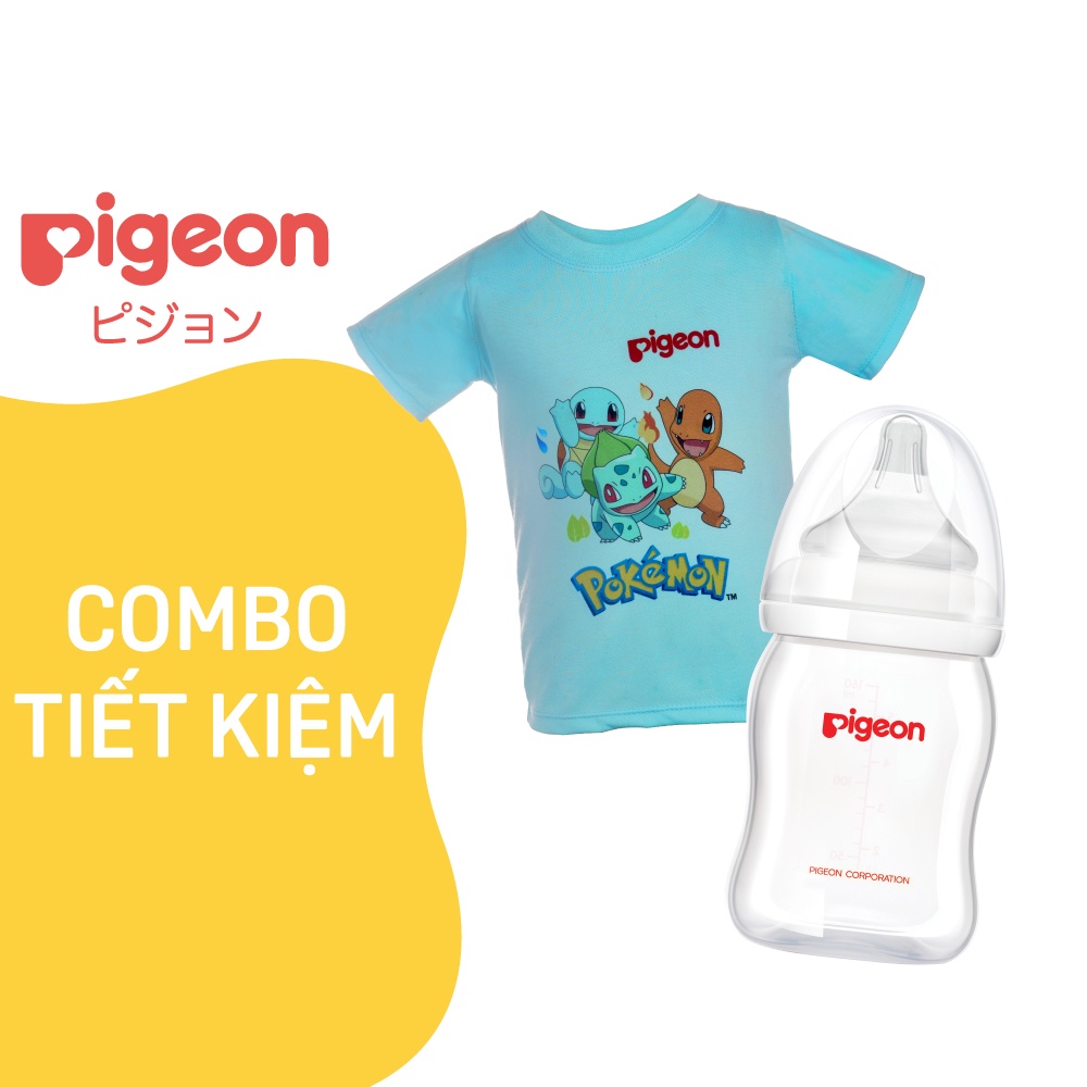 [TẶNG ÁO THUN POKEMON] Bình Sữa Cổ Rộng PP Plus Pigeon 160ml (SS) - (HSD:10/2023)