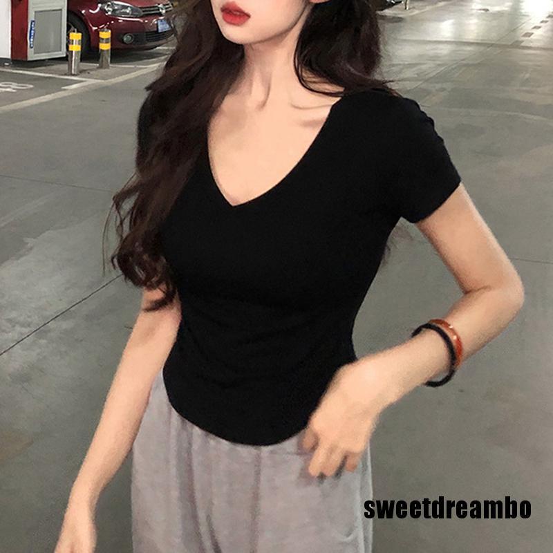 Áo Thun Tay Ngắn Cổ Chữ V Màu Trơn Thiết Kế Độc Đáo Thời Trang Mùa Hè Cho Nữ