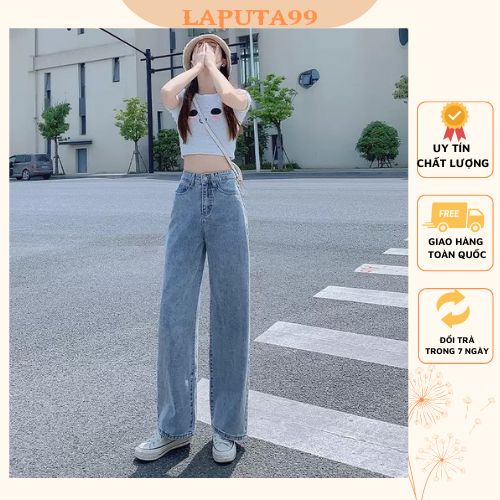 Quần jean bò nữ ống rộng quần jean bò ống suông jeans xuông nữ lưng cạp cao size S M L màu xanh đen Laputa99