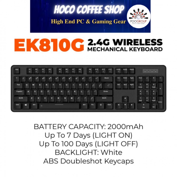 Bàn phím cơ không dây DAREU EK810G BLACK 104-KEYS  - Đèn nền trắng chính hãng BH 24T