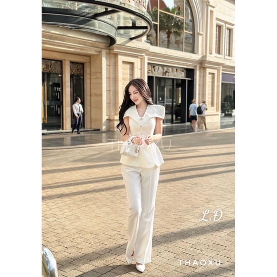 Set áo pelum cúc đá hoa + quần suông