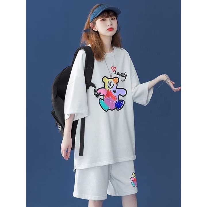 Set quần đùi áo phông tay lỡ in hình gấu lovely ,bộ quần short kèm áo thun cộc tay mùa hè mặc nhà form rộng.