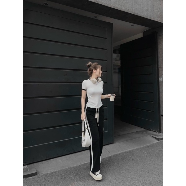 Set Bộ Áo Croptop Viền Cổ Tròn + Quần Ống Xuông DÂY THỪNG Lai Viền CÓ TÁCH LẺ MÓN