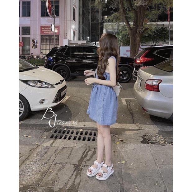 Đầm Váy Jeans Cổ V Dáng Xòe 3 Lỗ Cúc Giả Babyol - Váy Bò BBD Sát Nác Dáng Rộng Ảnh Thật