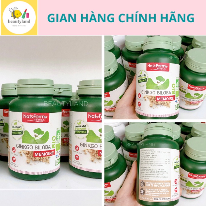 Bổ não Ginkgo Biloba Bio Nat Form tăng cường trí nhớ sản phẩm hữu cơ Pháp hộp 200 viên