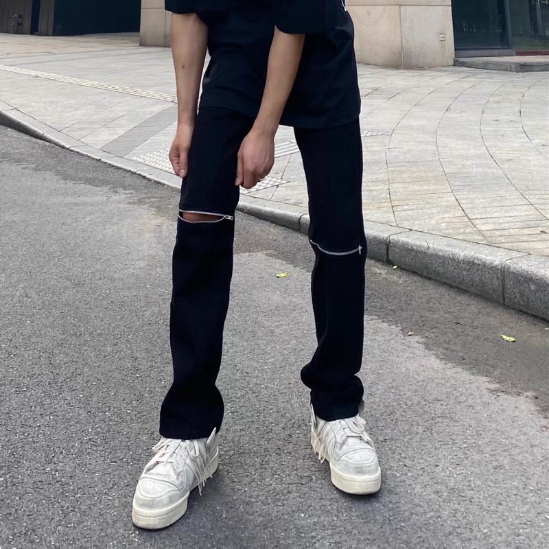 Quần jean khoá zip gối phong cách streetwear Quixotic