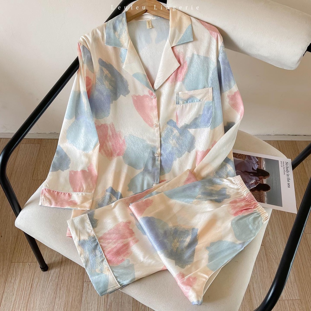 PYJAMAS LỤA CAO CẤP DÀI TAY HỌA TIẾT MÀU SẮC LEULEU LINGERIE