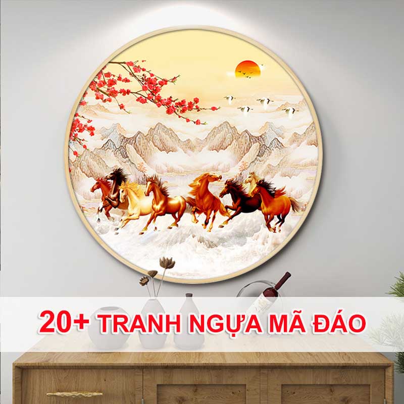 Tranh ngựa mã đáo thành công bộ tranh tròn tráng gương cực hot năm 2023 nhiều mẫu đã gồm khung tặng đinh treo