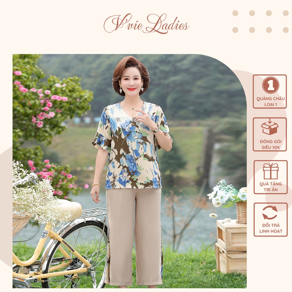 Đồ bộ trung niên nữ cho mẹ, Hàng Quảng Châu cao cấp, Bộ tay bèo cổ Peter Pan V'vie Ladies #B16