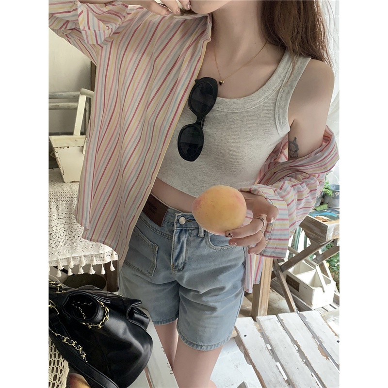 Lalisas Set Áo Hai Dây + Áo Sơ Mi Tay Dài Kẻ Sọc Chống Nắng Phong Cách Hàn Quốc Thời Trang Cho Nữ