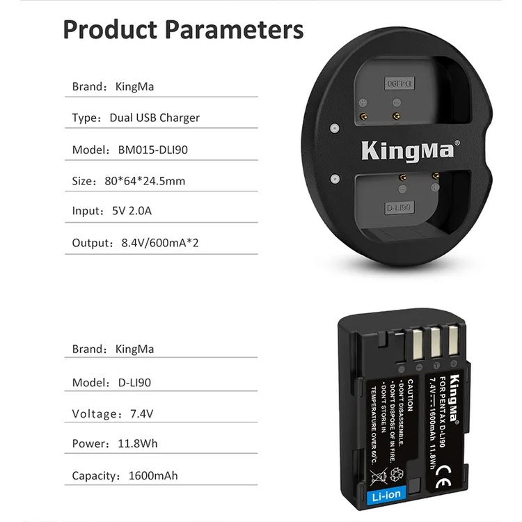 Pentax D-Li90 D-BC90 | Pin và sạc máy ảnh Pentax K1 K3 K5 K7 645D/Z K-1 K-3 K-5 K-7 645 Kingma Pentax DLi90 DBC90
