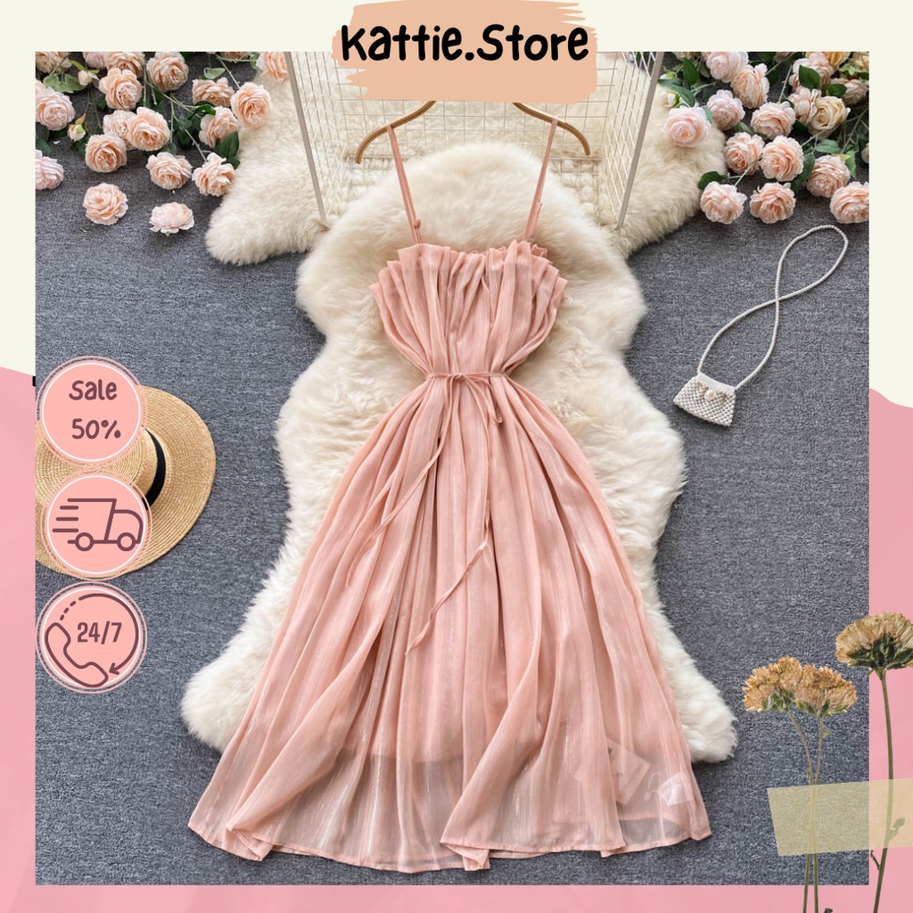 Đầm nữ hồng hai dây xếp ly, váy có 2 lớp lót dáng xuông sang chảnh