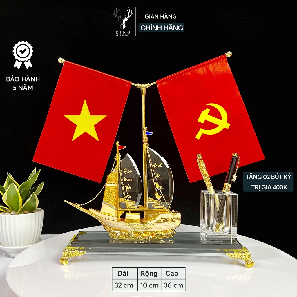 Hộp Đựng Bút Doanh Nhân Thuyền Thuận Buồm Xuôi Gió Đính Đá 2 cờ, Chất Liệu Đồng Mạ Vàng và Pha Lê K9, Hộp Bút Để Bàn