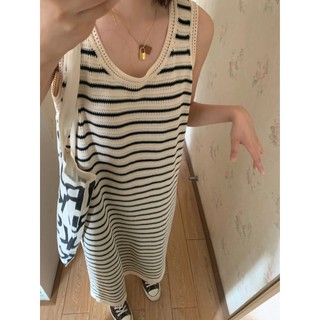 (ORDER) Váy ba lỗ dệt kim mỏng mùa hè kẻ sọc ngang đen trắng suông dài rộng thoải mái nhẹ nhàng