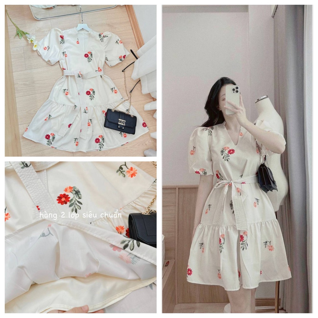 Đầm xòe be cổ V dây đai 2 lớp LS_DN687