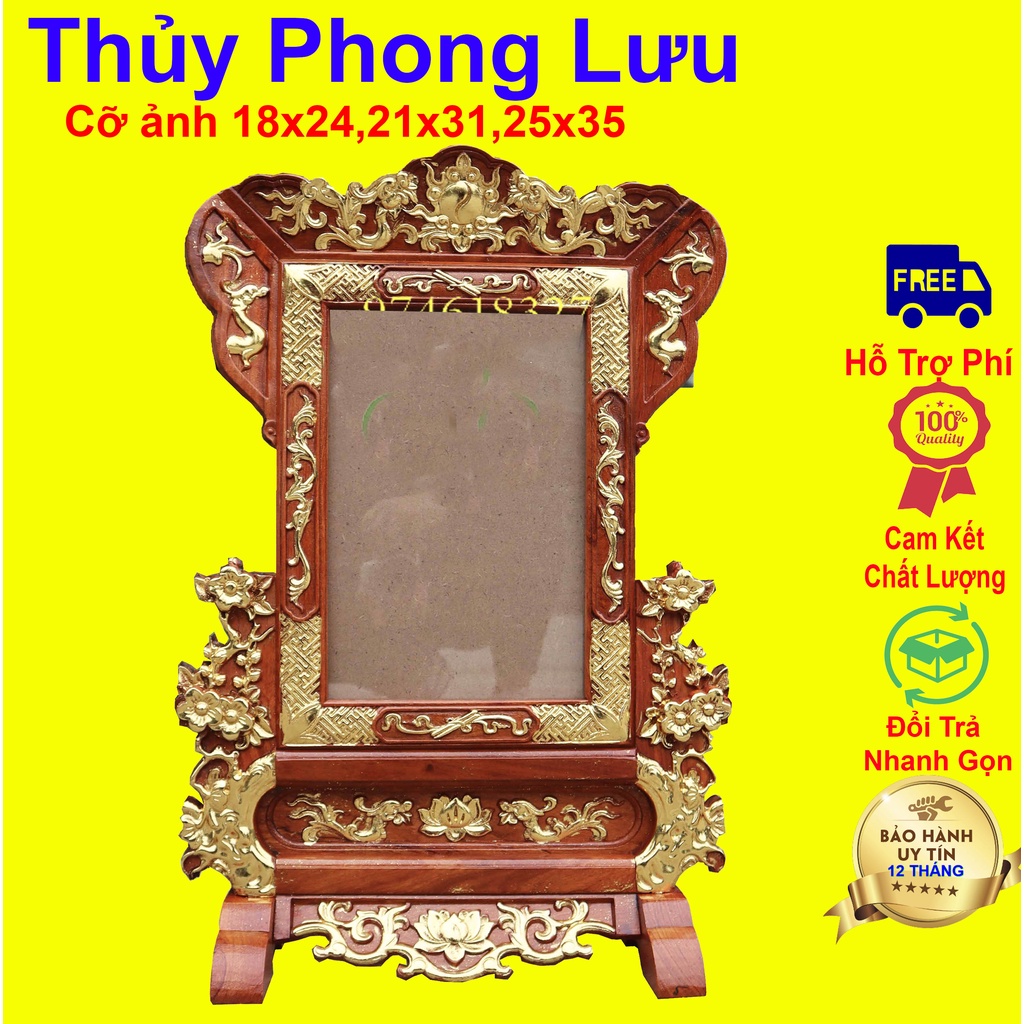 Khung ảnh bàn thờ gia tiên trạm gấm mai gỗ hương rát vàng cỡ 21x31,25x35