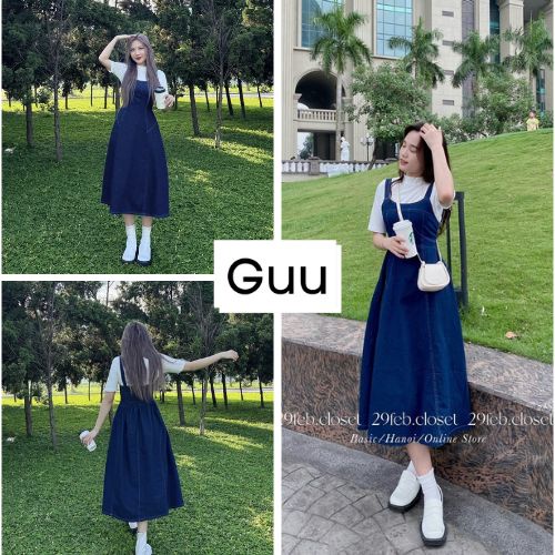 Set Yếm Váy Jean Dáng Dài Kèm Áo Croptop Cổ Lọ [????????] Đầm Maxi Dáng Suông Phong Cách Tiểu Thư Guu