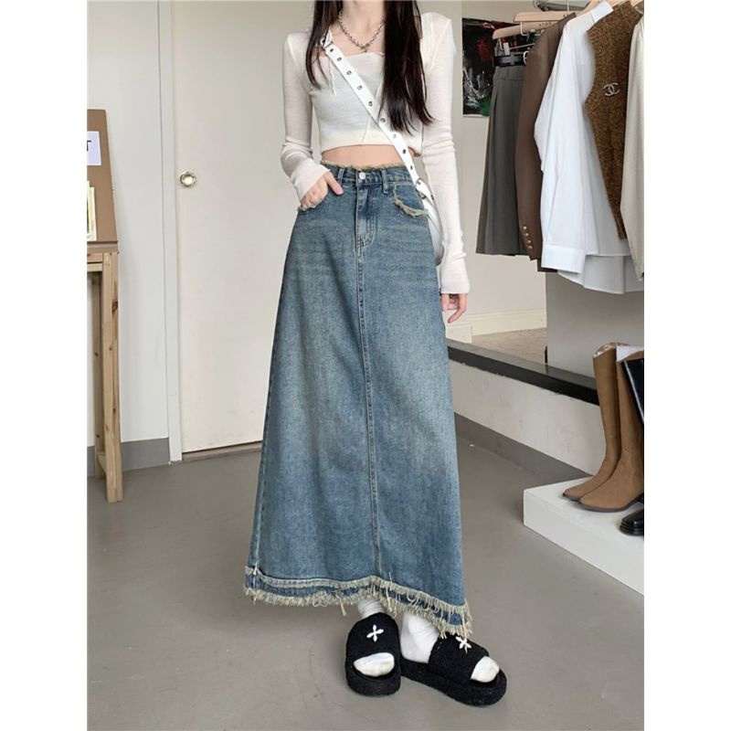 Chân Váy Jeans Tua Dáng Dài, Chân Váy Demin Dài Quá Gối