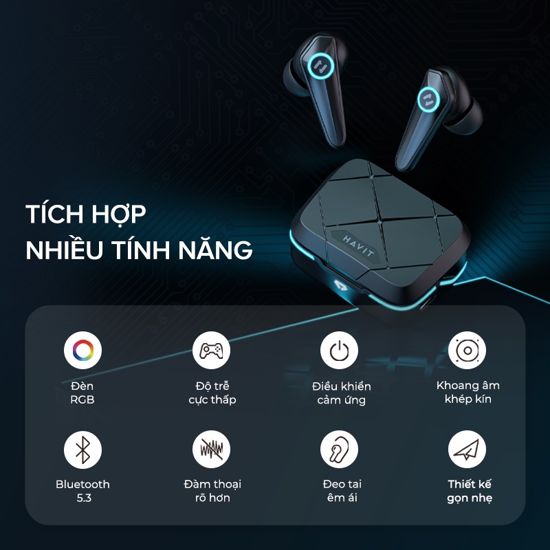 Tai Nghe Gaming TWS HAVIT TW908, BT 5.3,Gamemode 60ms, Đèn RGB, 2 Mic Khử Ồn, Nghe Đến 24H - Hàng Chính Hãng