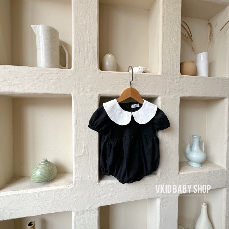 V9 Bộ liền thân bodysuit đen cổ trắng Vkid phong cách tiểu thư cho bé gái size 5-13kg