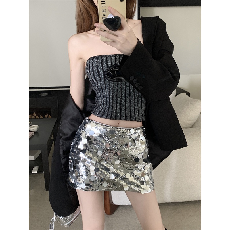 QADCOL Bộ Áo Dệt Kim Ôm Dáng Phối Chân Váy Lưng Cao Đính Kim Sa Lấp Lánh Quyến Rũ Cho Nữ