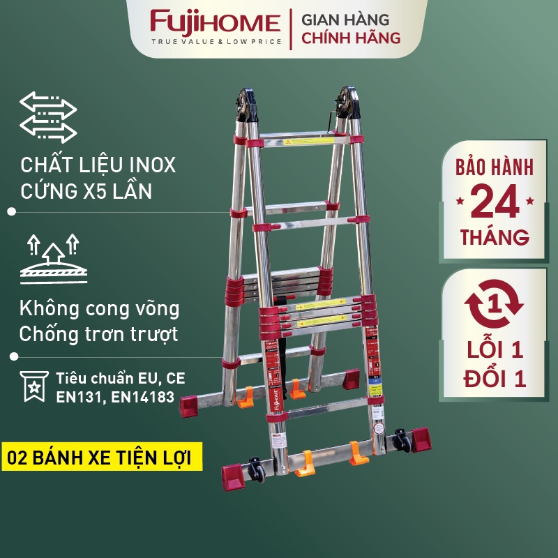 Thang inox rút chữ A gấp gọn 4,4M - 5,6M chính hãng FUJIHOME, thang rút đôi xếp gọn gia đình đa năng