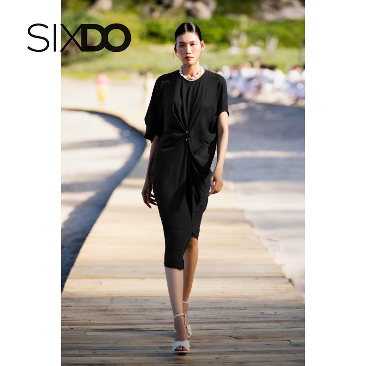 Đầm lụa đen phối eo freesize thời trang SIXDO (Black Midi Silk Dress)